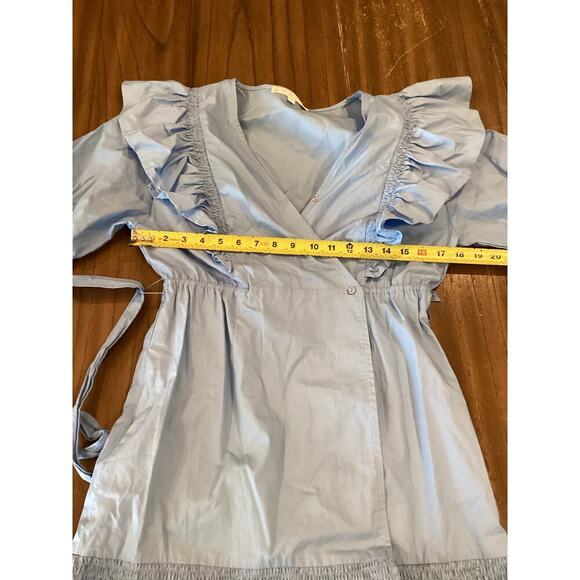 Karlie morgan poplin Wrap Tie Ruffle Puff Sleeves Mini Dress Blue Cotton Large - Picture 4 of 10